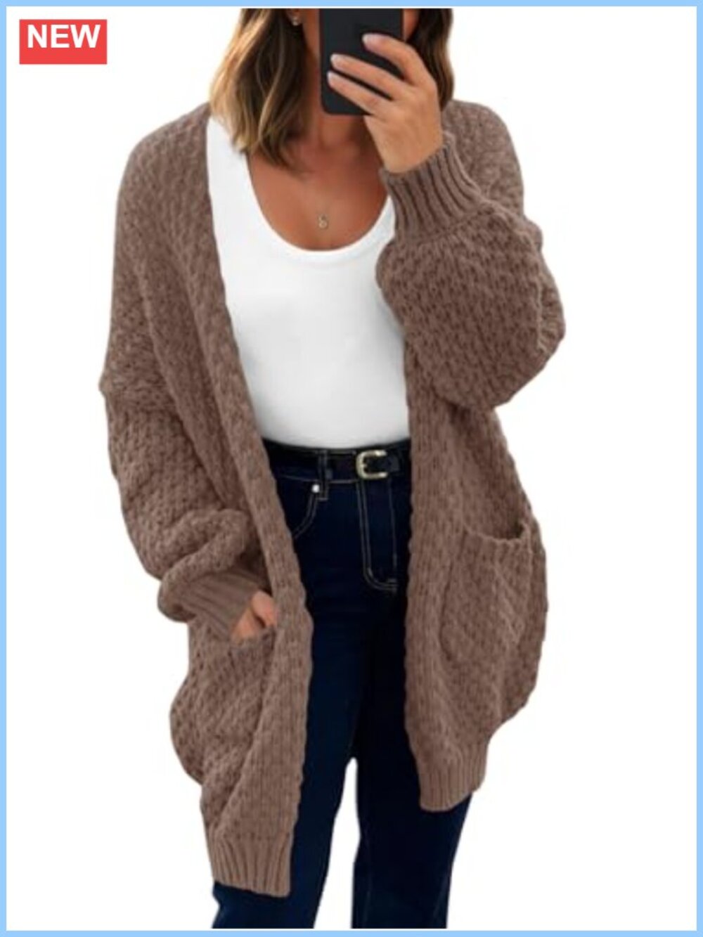 Oversized Open Front Waffle Knit Cardigan Lantern Sleeve Loose Fit